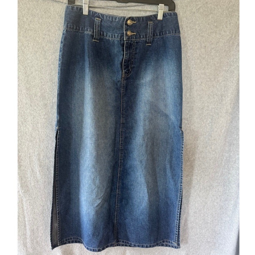 Vintage Squeeze Denim Maxi Skirt 11 Y2K Double Button Side Slit Stephen Hardy